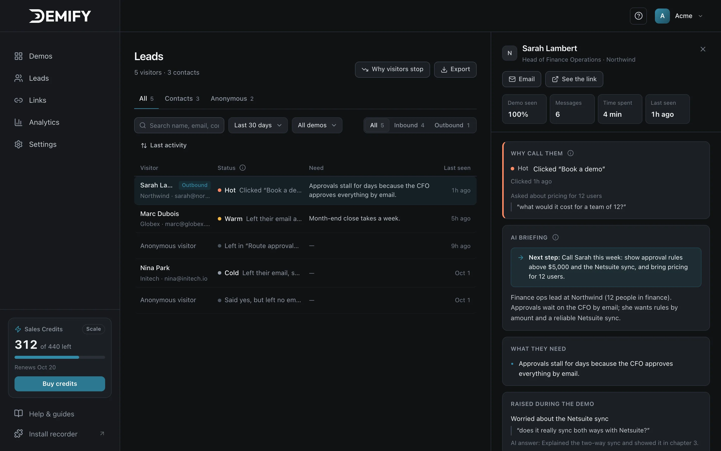 A lead in Demify: rated Hot, with the AI briefing and the suggested next step
