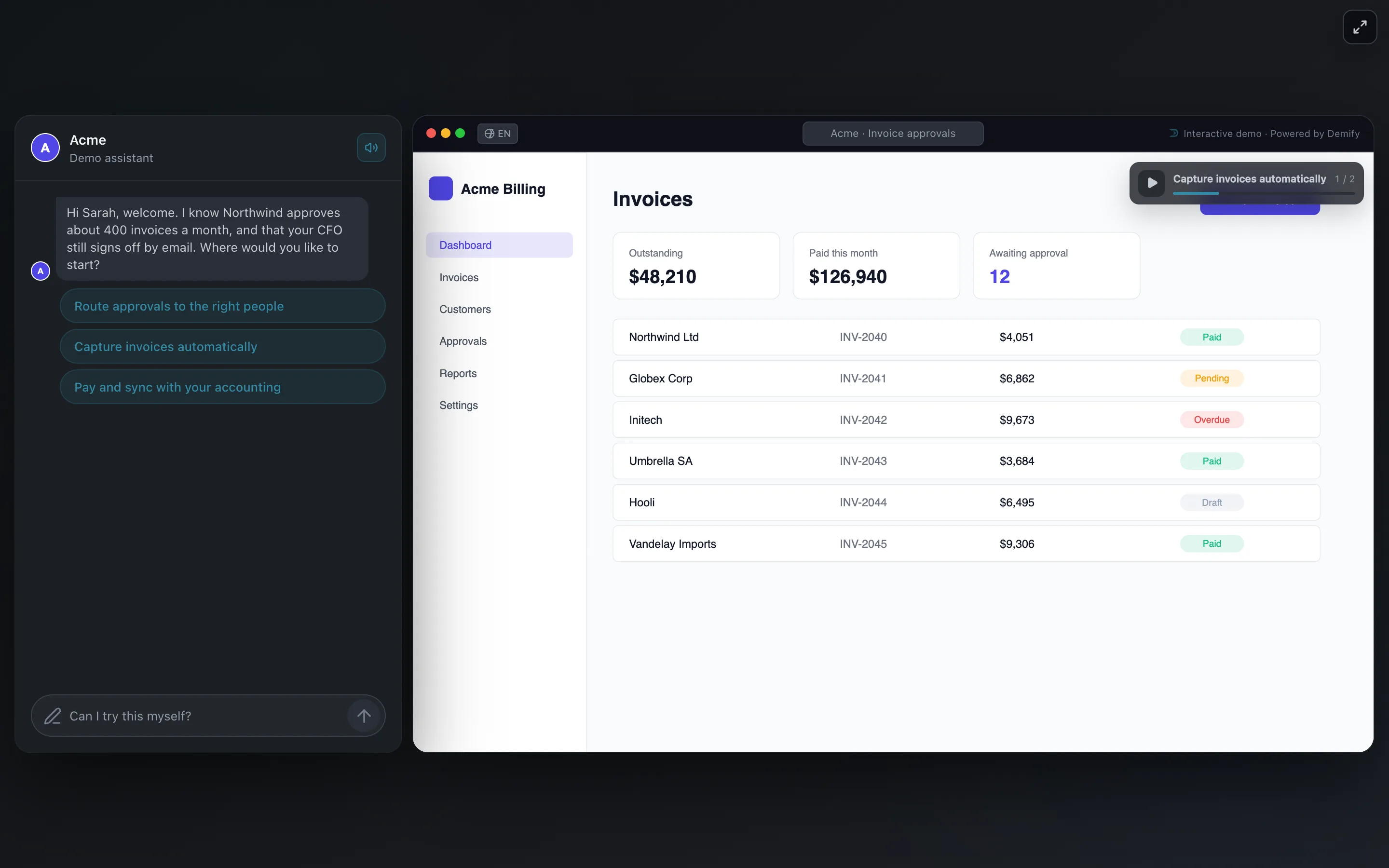 The demo opened from a personalized link: the guide greets Sarah by name and knows Northwind approves about 400 invoices a month